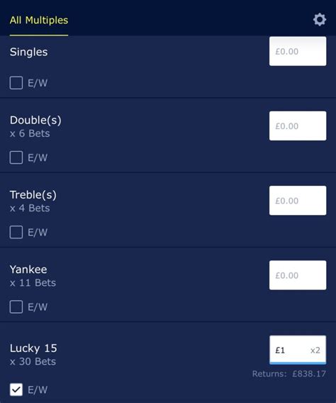 each way lucky 15 bet calculator william hill|Essential Betting: Lucky 15 Each Way Calculator.